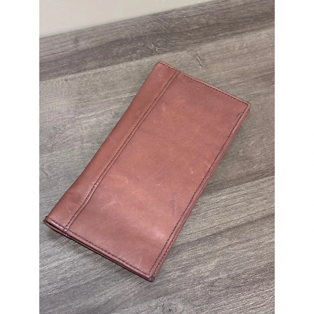 Vintage Cognac Brown Leather Long Bifold Checkbook Wallet
